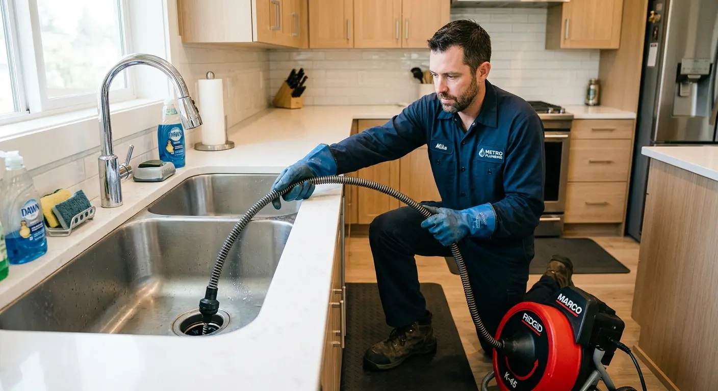 Drain cleaning technician using a motorized snake on a kitchen sink in DuBois