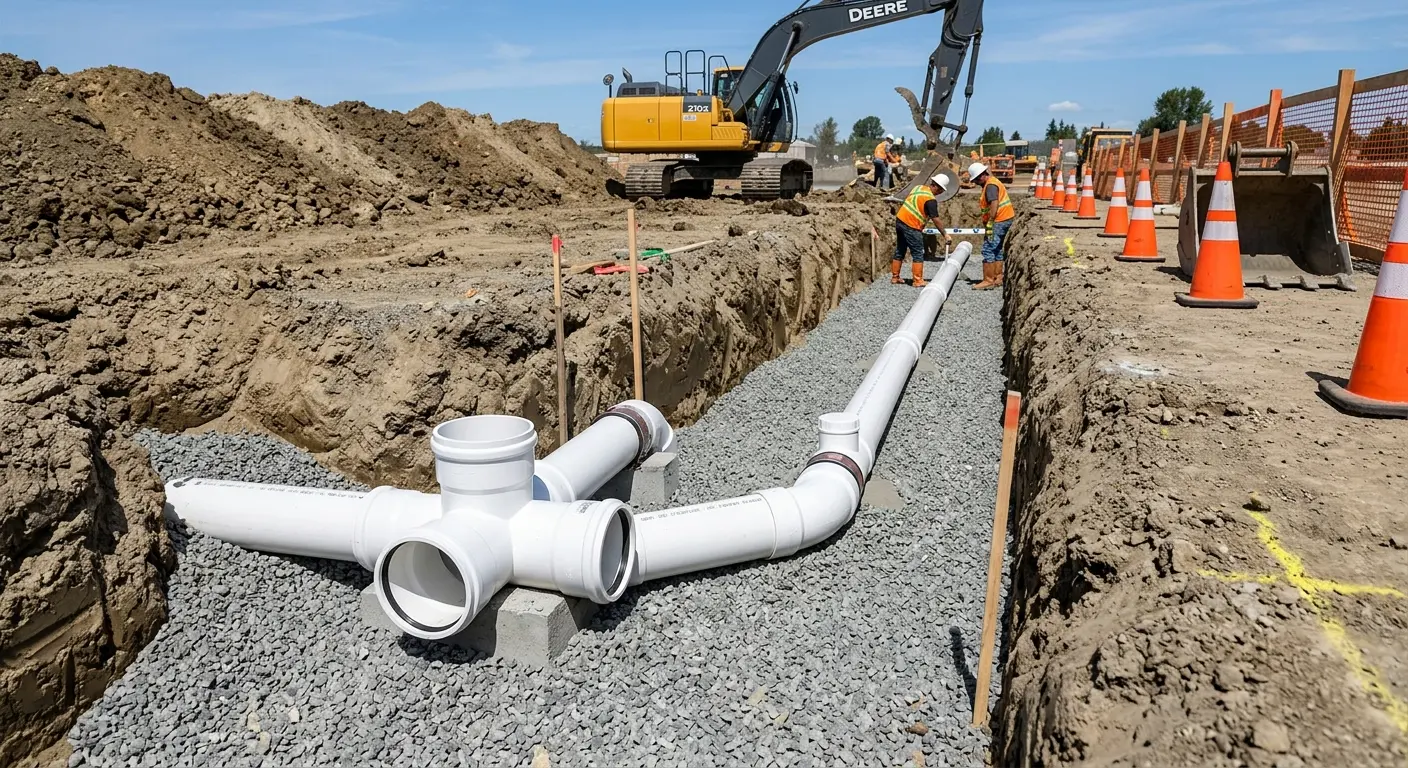New PVC sewer pipe installation in open trench for Sewer Backup in DuBois