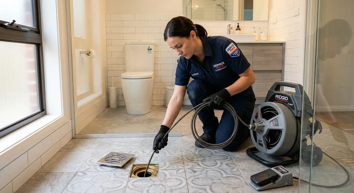 Technician clearing a bathroom floor drain for Drain Cleaning in DuBois